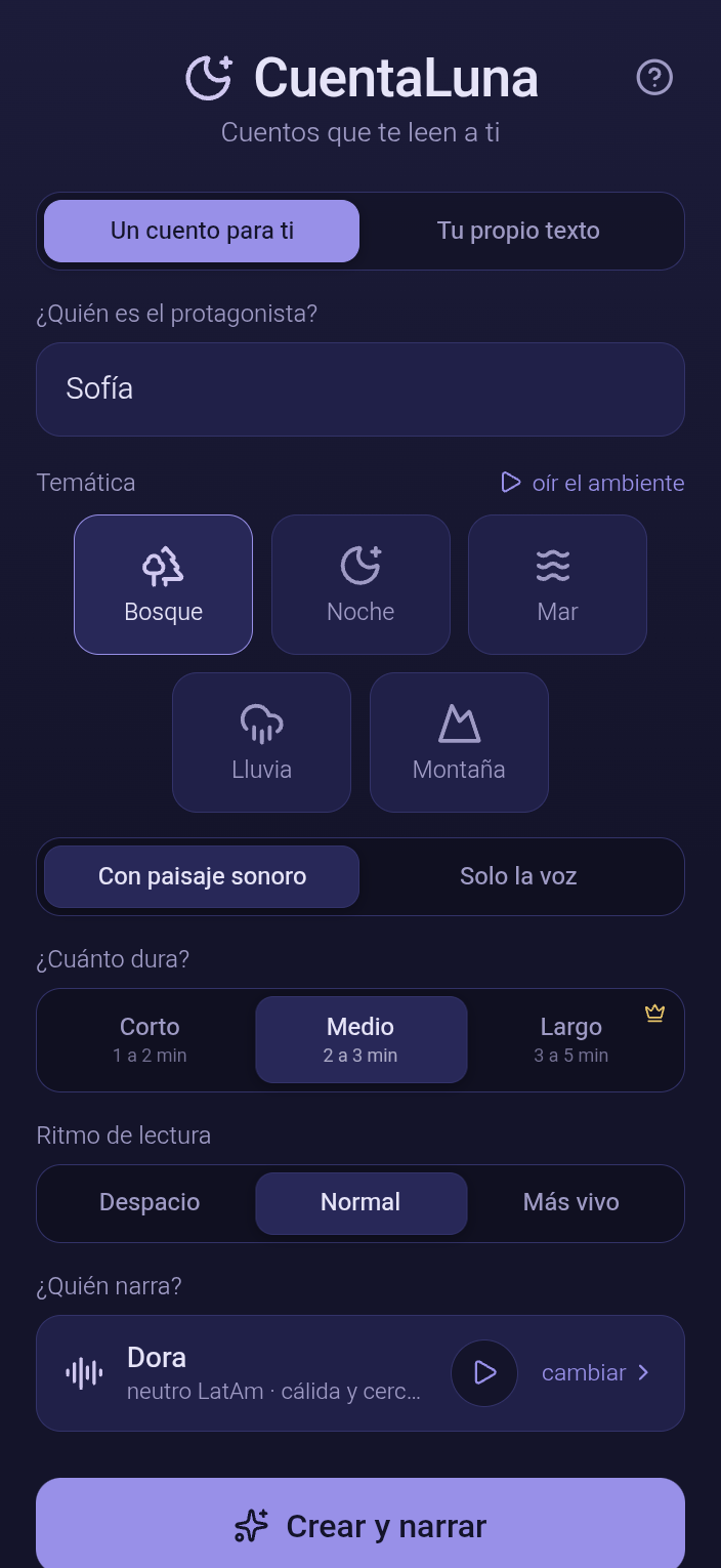 La pantalla de LunaCuentos donde se escribe el nombre y se elige la temática